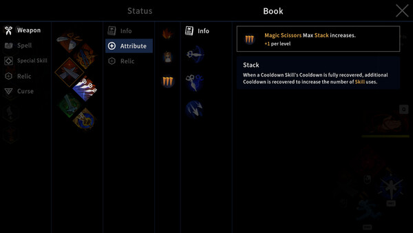 Garden of Witches status screen showing Magic Scissors information